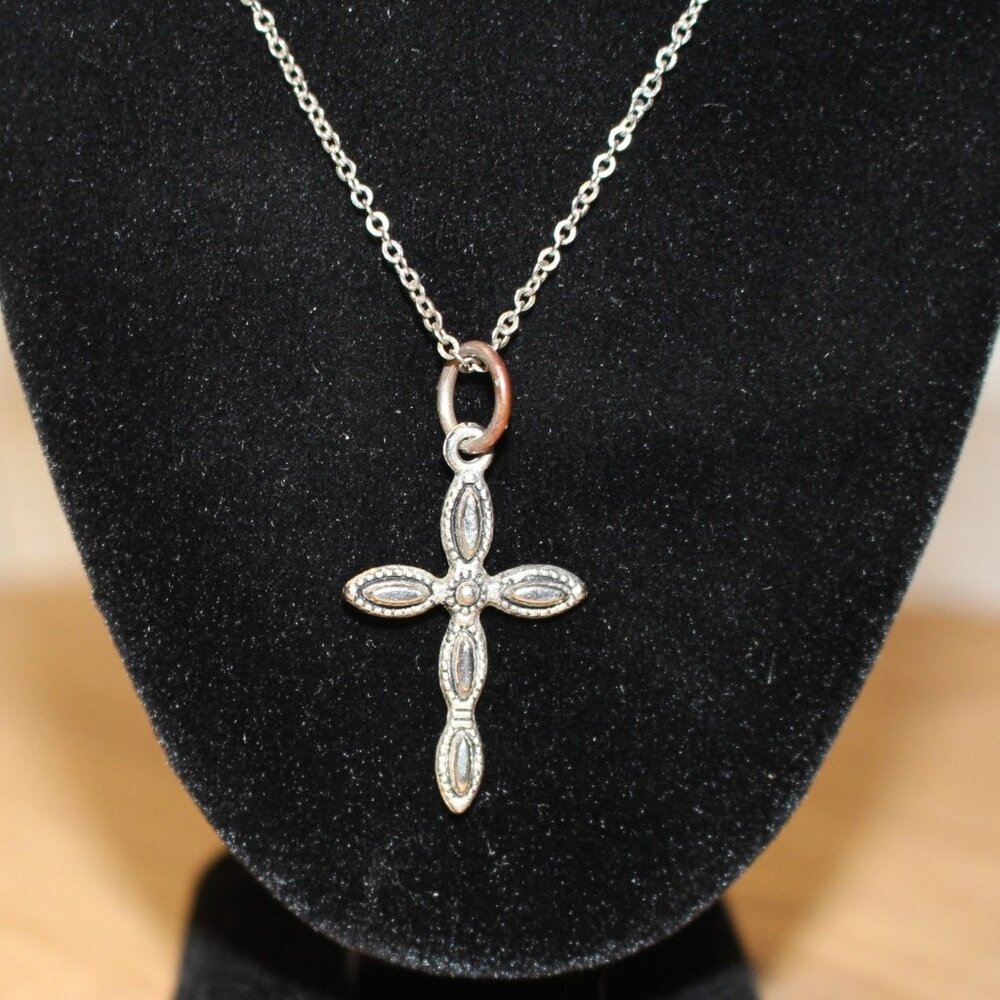 Silver Cross Pendant Necklace Religious Delicate Design w/ Chain 18" L